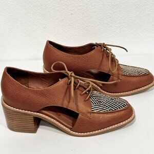 Jeffrey Campbell Kanal Shoes Tan Leather Herringbone Block Heel Lace Up EUC Sz 8